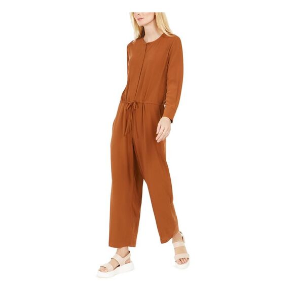 EILEEN FISHER Pants - EILEEN FISHER Womens Brown Tie Long Sleeve Crew Neck Wide Leg Jumpsuit L